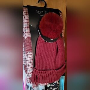 Rachel Zoe Burgundy Knit Beanie with Pom Pom And SCARF WITH HEARTS Checkere, Set
